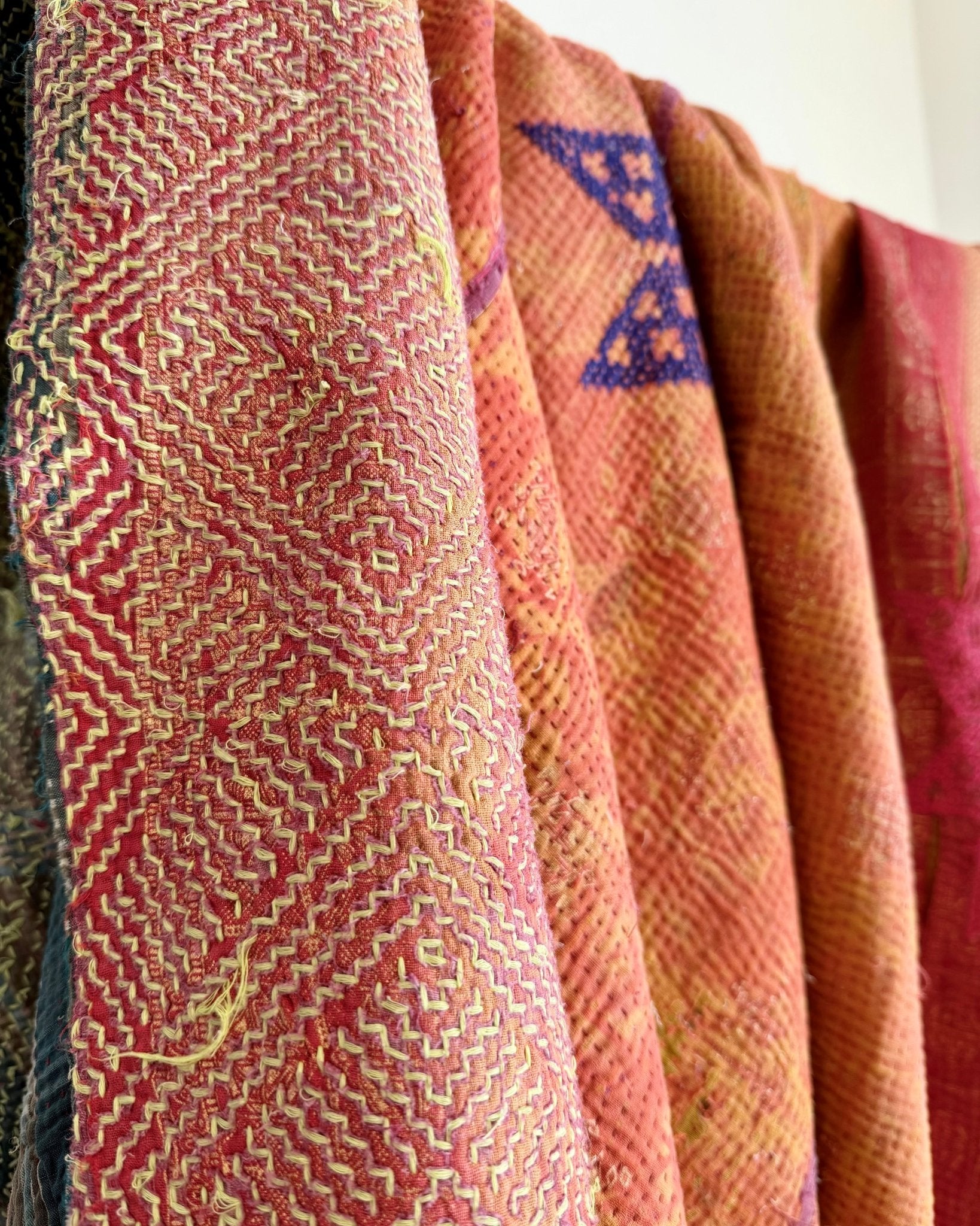 Project Kantha Quilt: Orange and Green With Cross Stitch Stars - Biggs & Hill