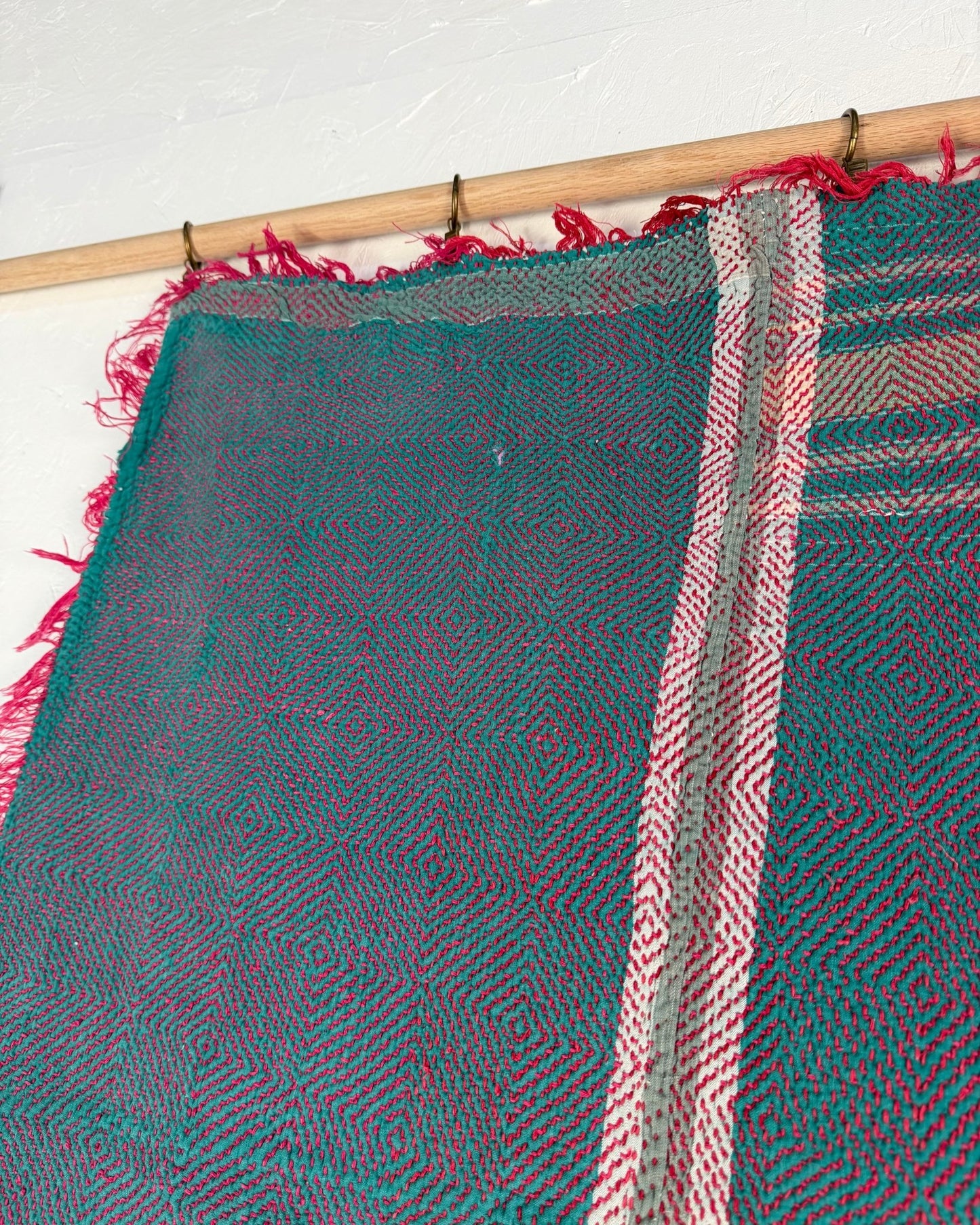 Large Heavy Kantha Blanket Quilt With Lik Phul Stitching In Forest Green and Pink - Biggs & Hill