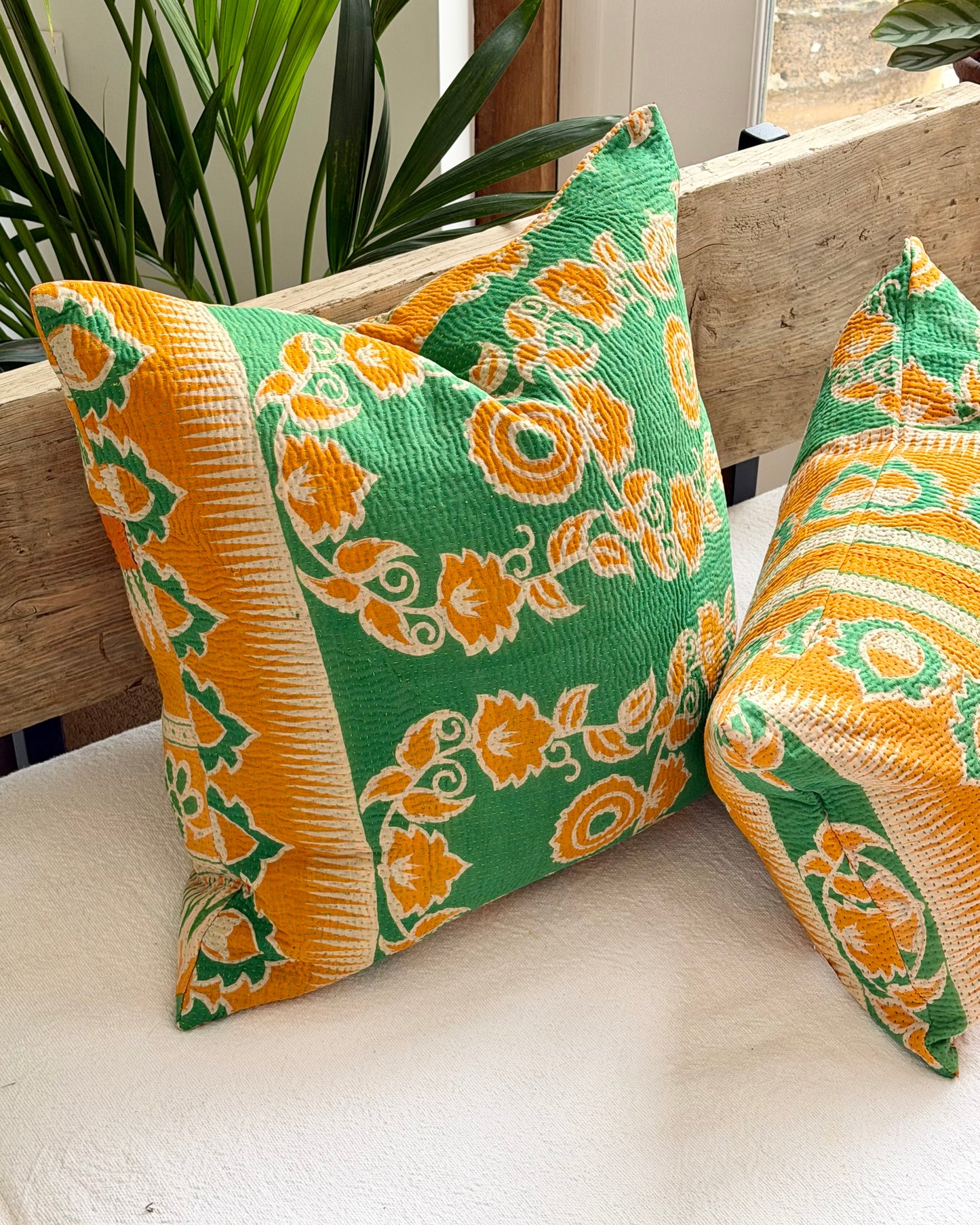Vintage Kantha Cushion In Green and Orange- 45cm Square