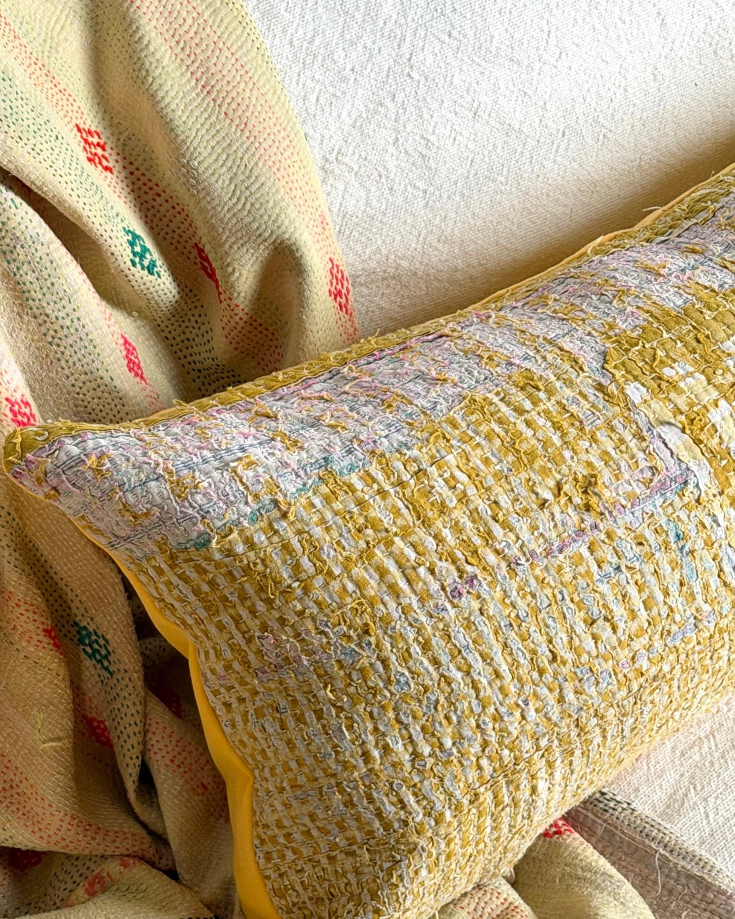 Vintage Kantha Bolster Cushion In Yellow 03 - Biggs & Hill