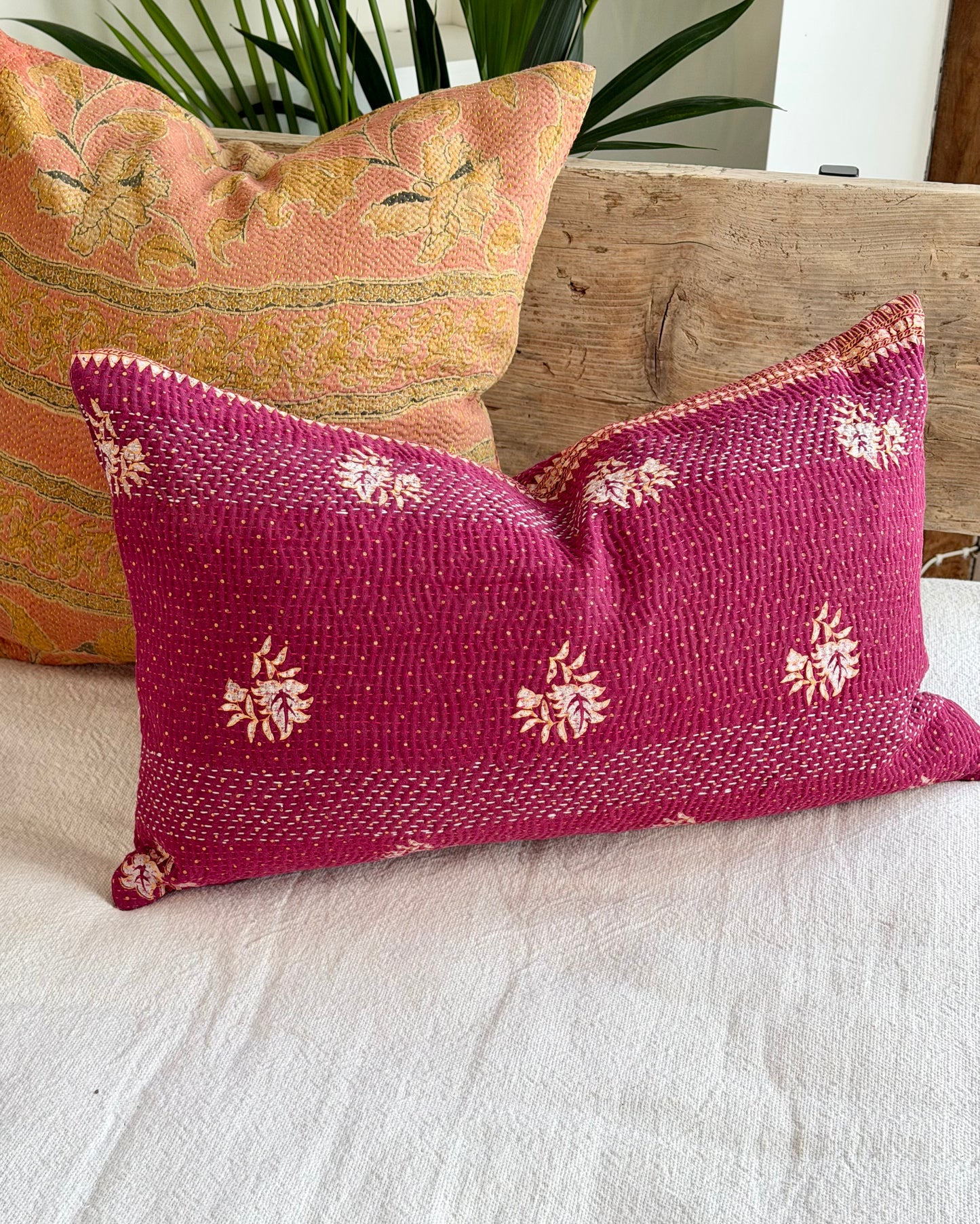 Vintage Kantha Cushion In Burgundy and Gold - Small Rectangular