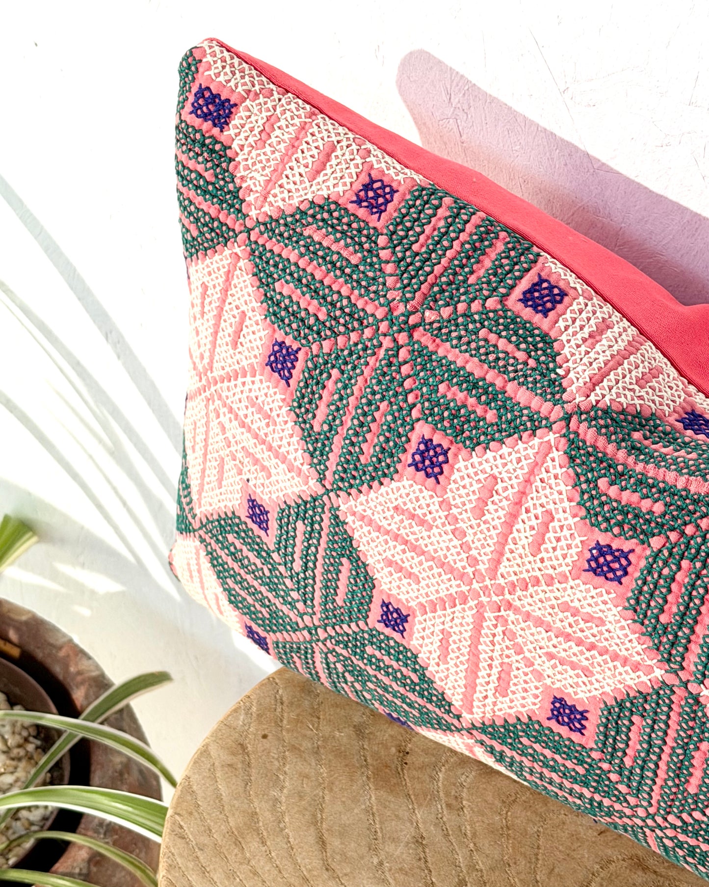 Vintage Galichi Kantha Cushion Cover In Pink - Large Rectangular
