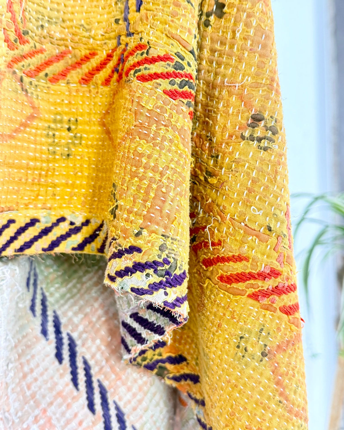 Large Embroidered Vintage Kantha Quilt in Yellow and Light Green - Biggs & Hill
