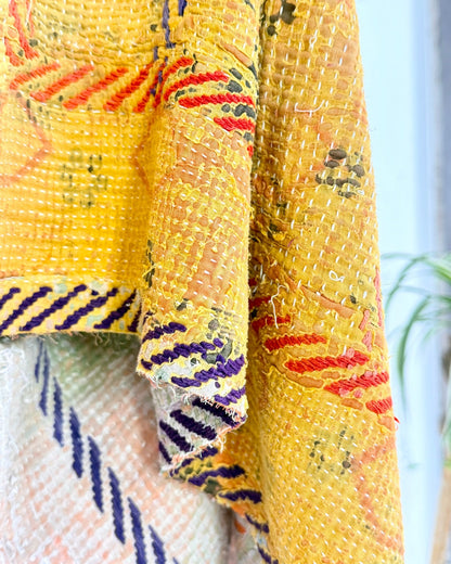 Large Embroidered Vintage Kantha Quilt in Yellow and Light Green - Biggs & Hill