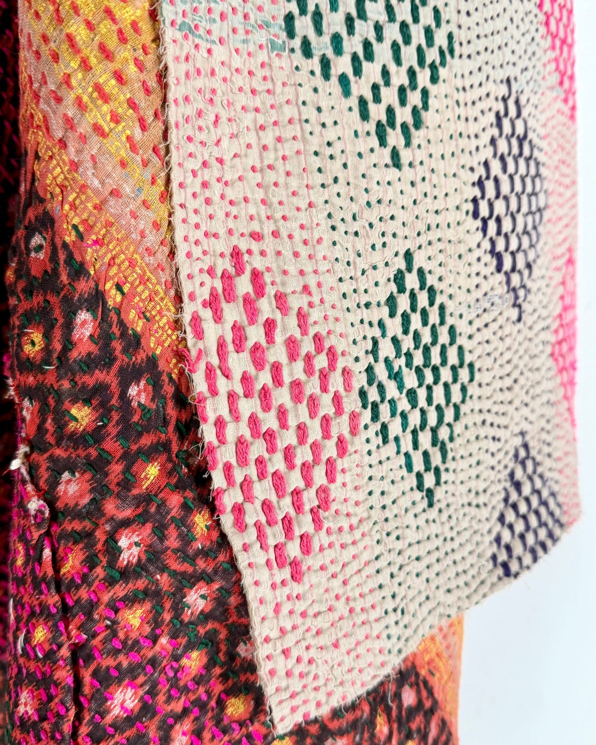 Embroidered Vintage Kantha Quilt in Pink and White - Biggs & Hill