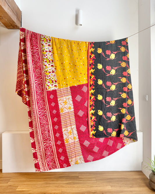 Super King Vintage Kantha Quilt in Orange, Black and Yellow