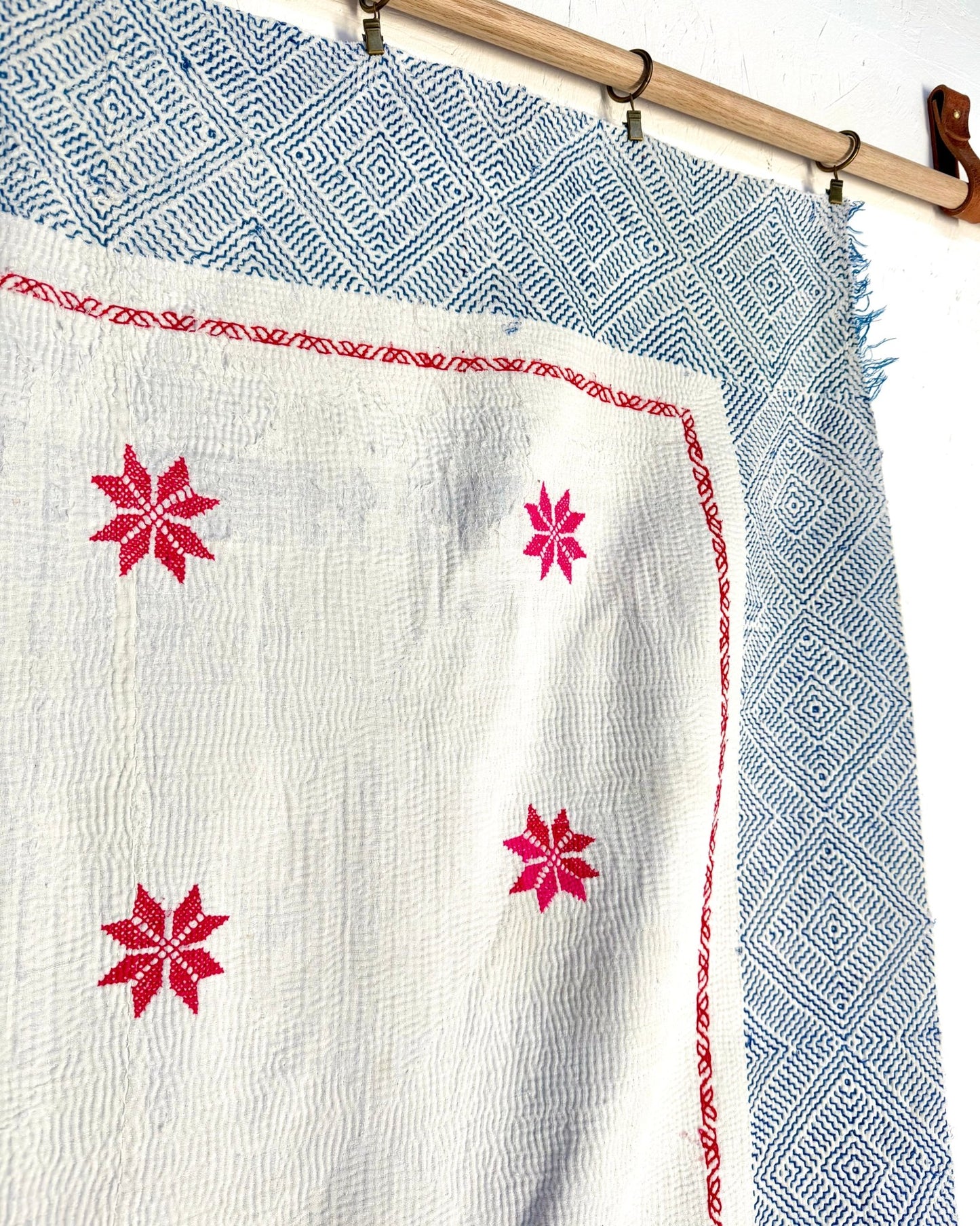 Star Embroidered Vintage Kantha Quilt in White and Pink - Biggs & Hill
