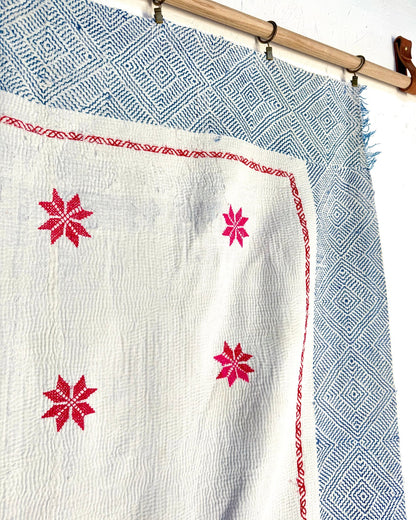 Star Embroidered Vintage Kantha Quilt in White and Pink - Biggs & Hill