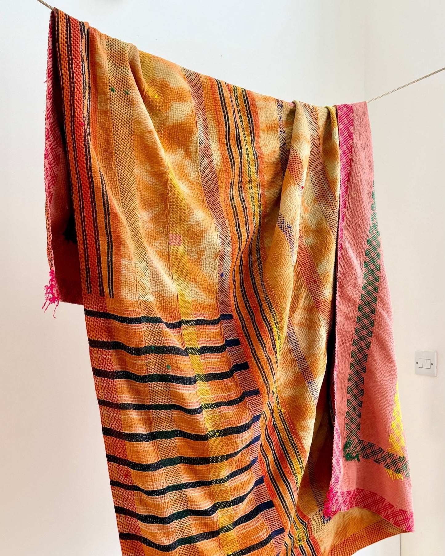 Large Embroidered Vintage Kantha Quilt in Pink and Orange - Biggs & Hill