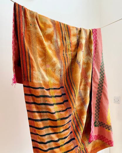 Large Embroidered Vintage Kantha Quilt in Pink and Orange - Biggs & Hill