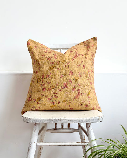 Vintage Kantha Cushion With Yellow Flowers - 45cm Square