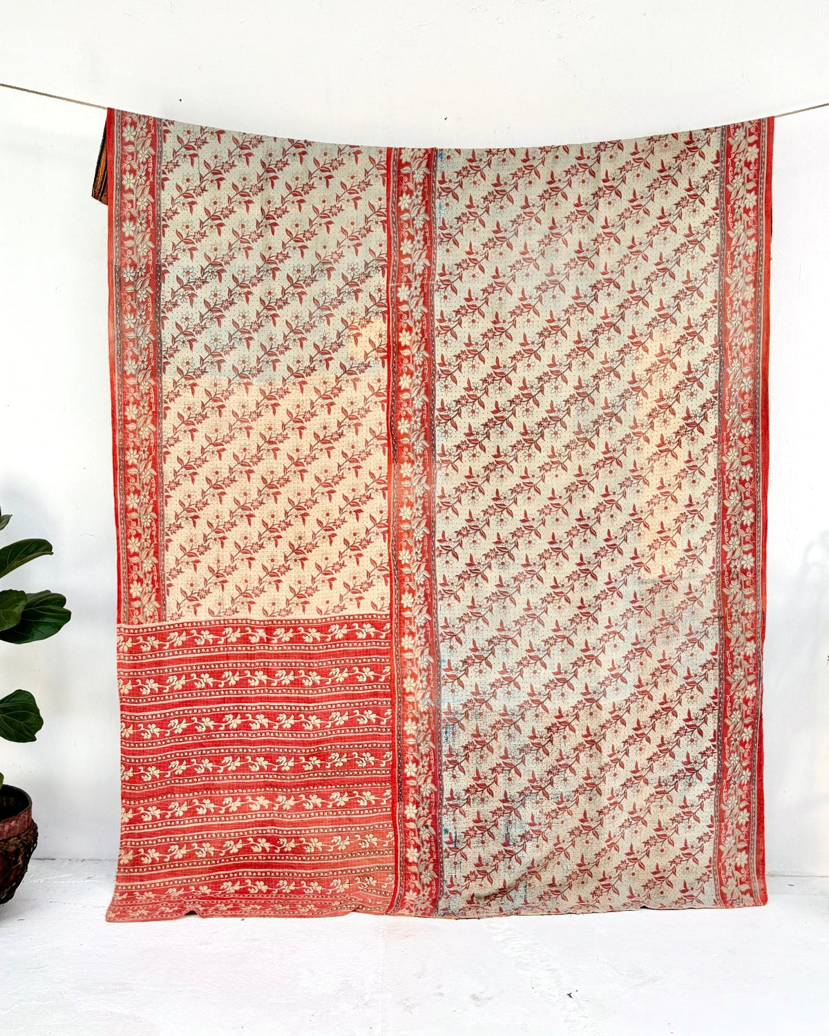Extra Large Fine Stitched Vintage Kantha Quilt in Peachy Orange and Red - Biggs & Hill