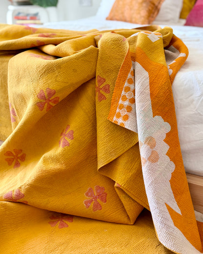 Extra Large Fine Stitched Vintage Kantha Quilt in Geometric Yellow and Orange