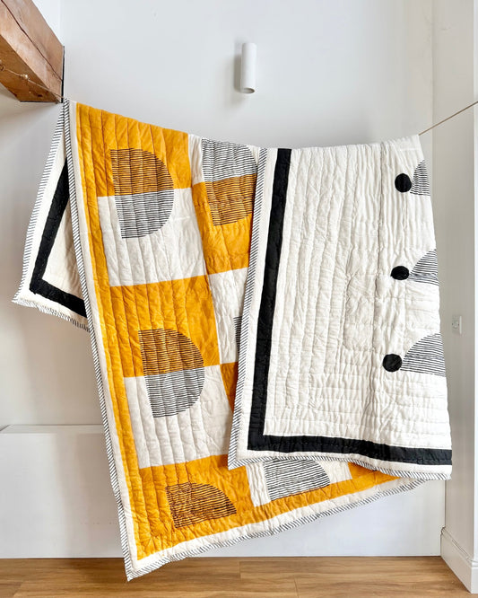 Quilted Kantha In Black, White and Orange With Geometric Squares - SUPER KING - Biggs & Hill