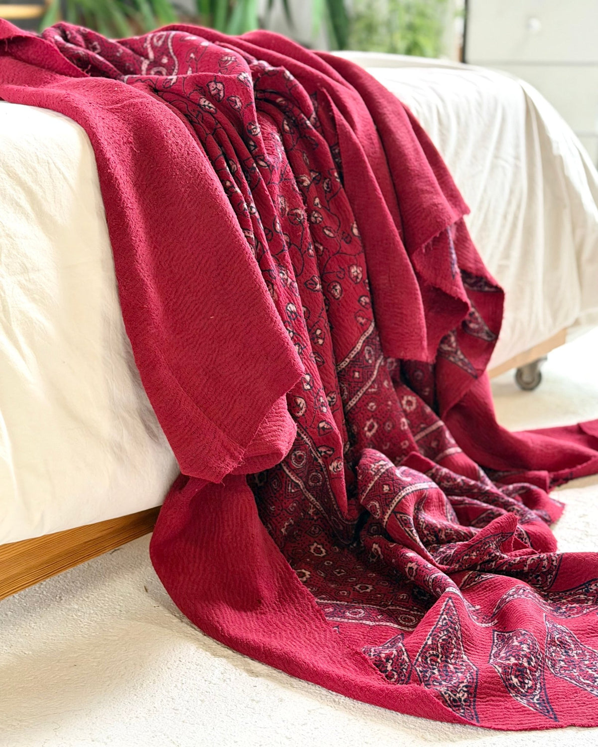 Ajrakh Printed Vintage Kantha Quilt in Deep Red - Biggs & Hill