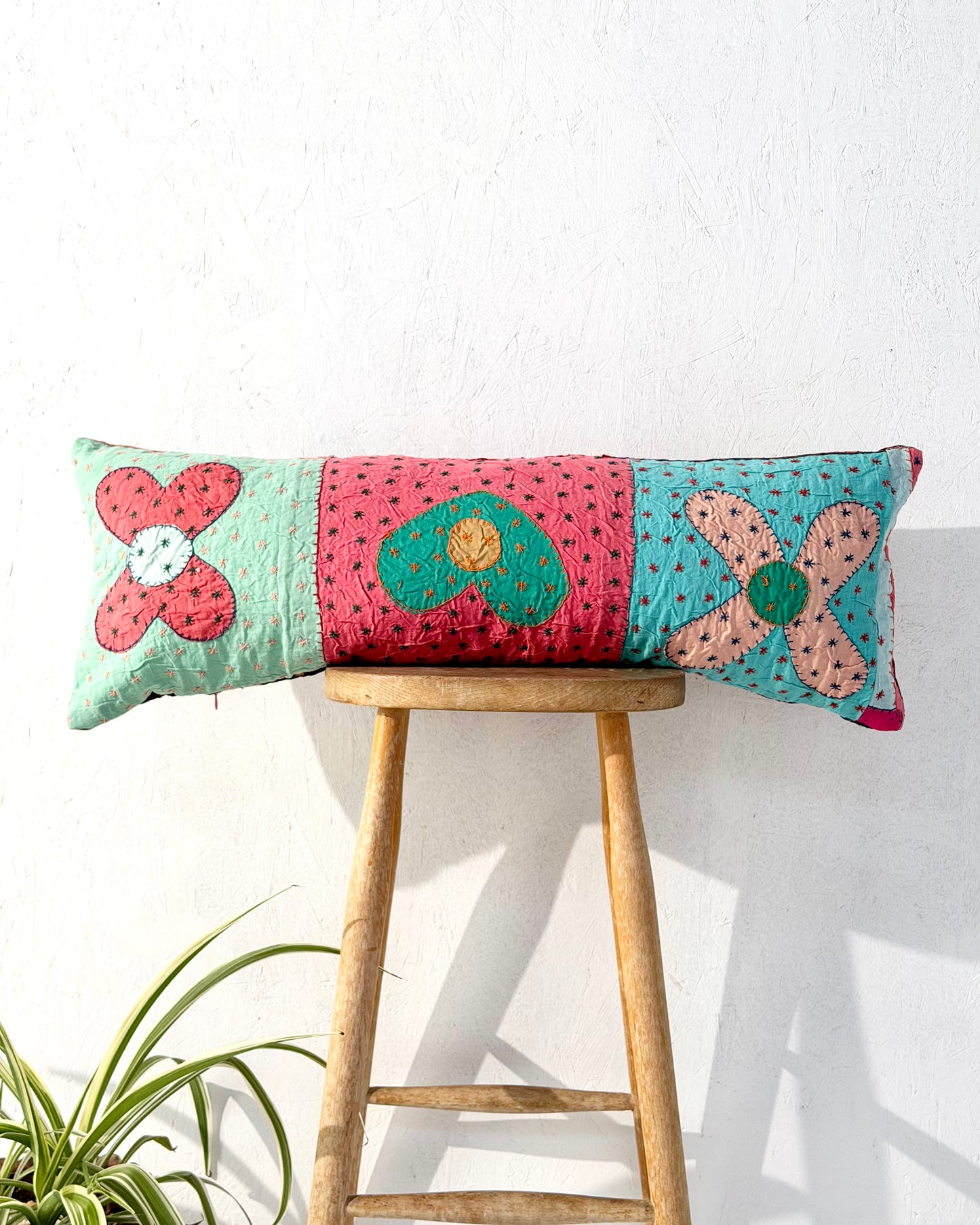 Vintage Kantha Bolster Cushion Cover In Flower Patchwork - 80cm
