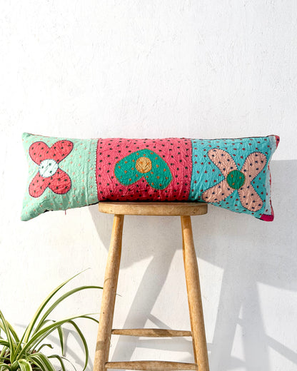Vintage Kantha Bolster Cushion Cover In Flower Patchwork - 80cm