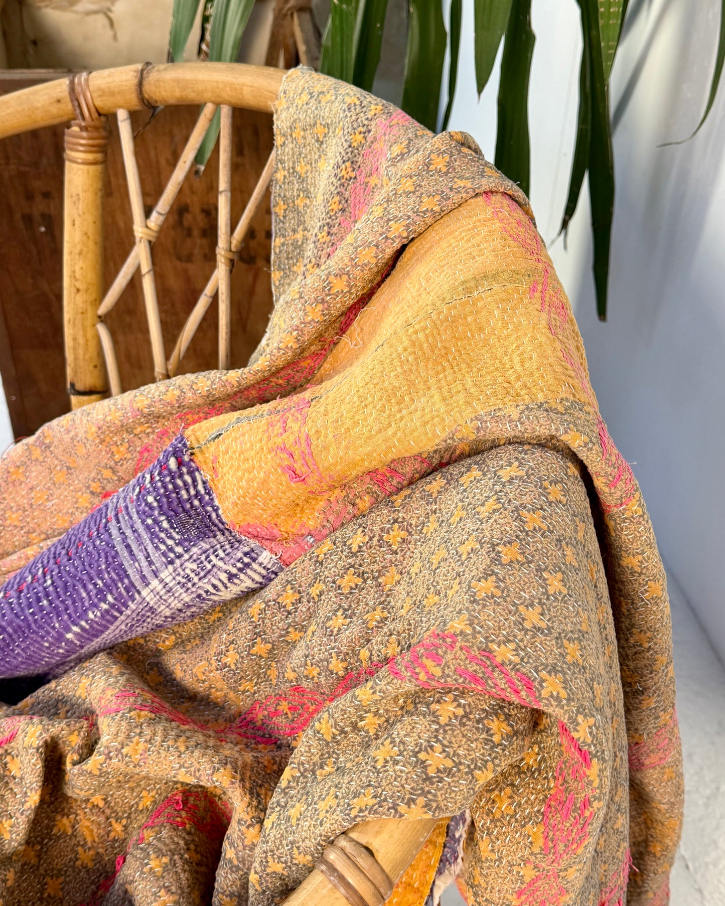 Embroidered Vintage Kantha Quilt in Yellow, Pink and White