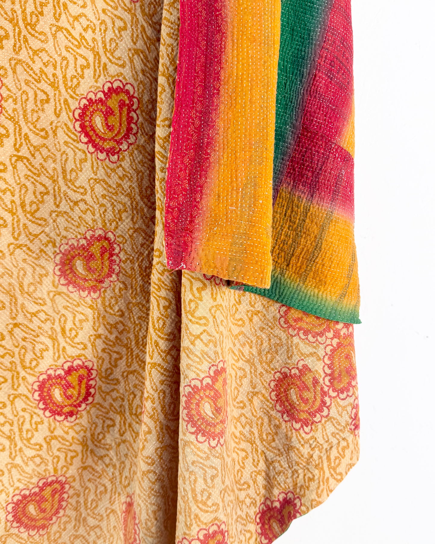 Extra Large Fine Stitched Vintage Kantha Quilt in Beige, Red and Green