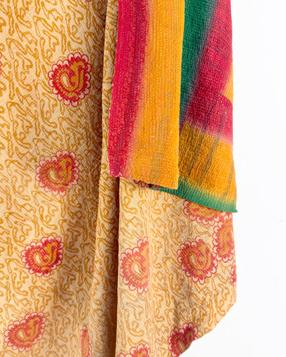 Extra Large Fine Stitched Vintage Kantha Quilt in Beige, Red and Green