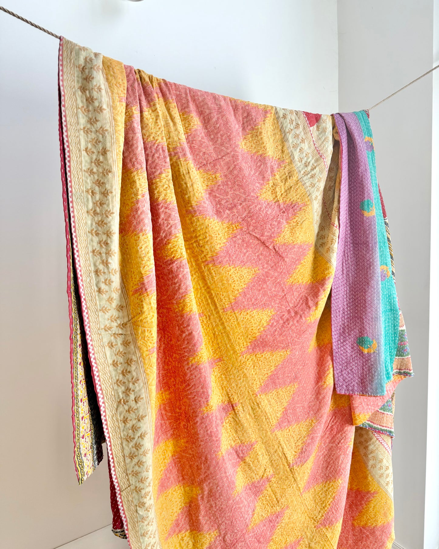 Super King Vintage Kantha Quilt in Yellow and Pink