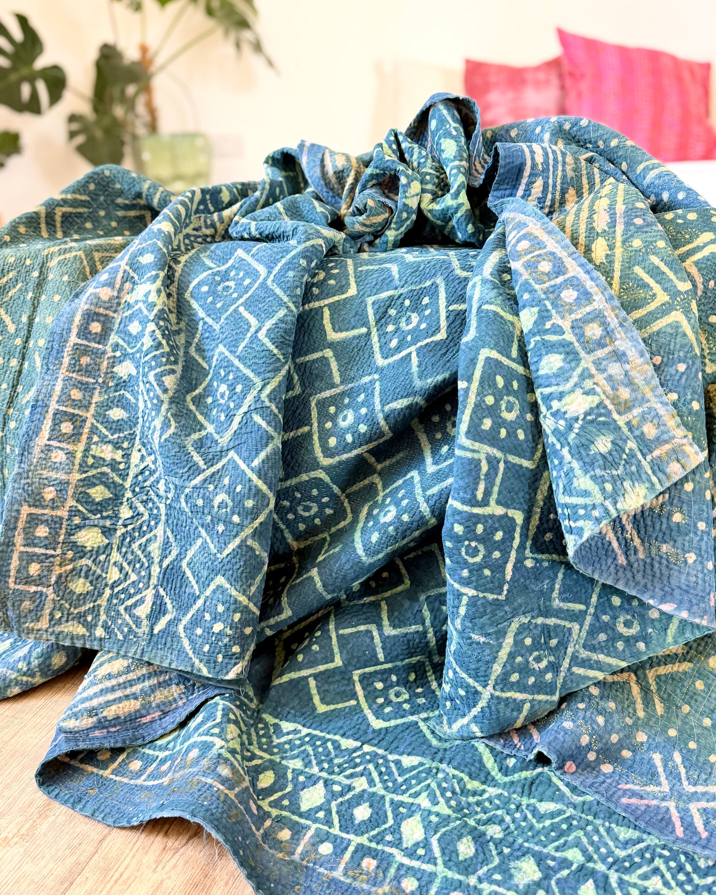 Large Heavy Indigo Print Kantha Quilt