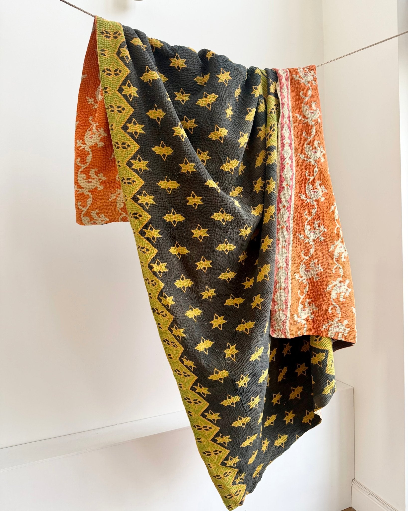 Large Fine Stitched Vintage Kantha Quilt In Orange, Black and Green - Biggs & Hill