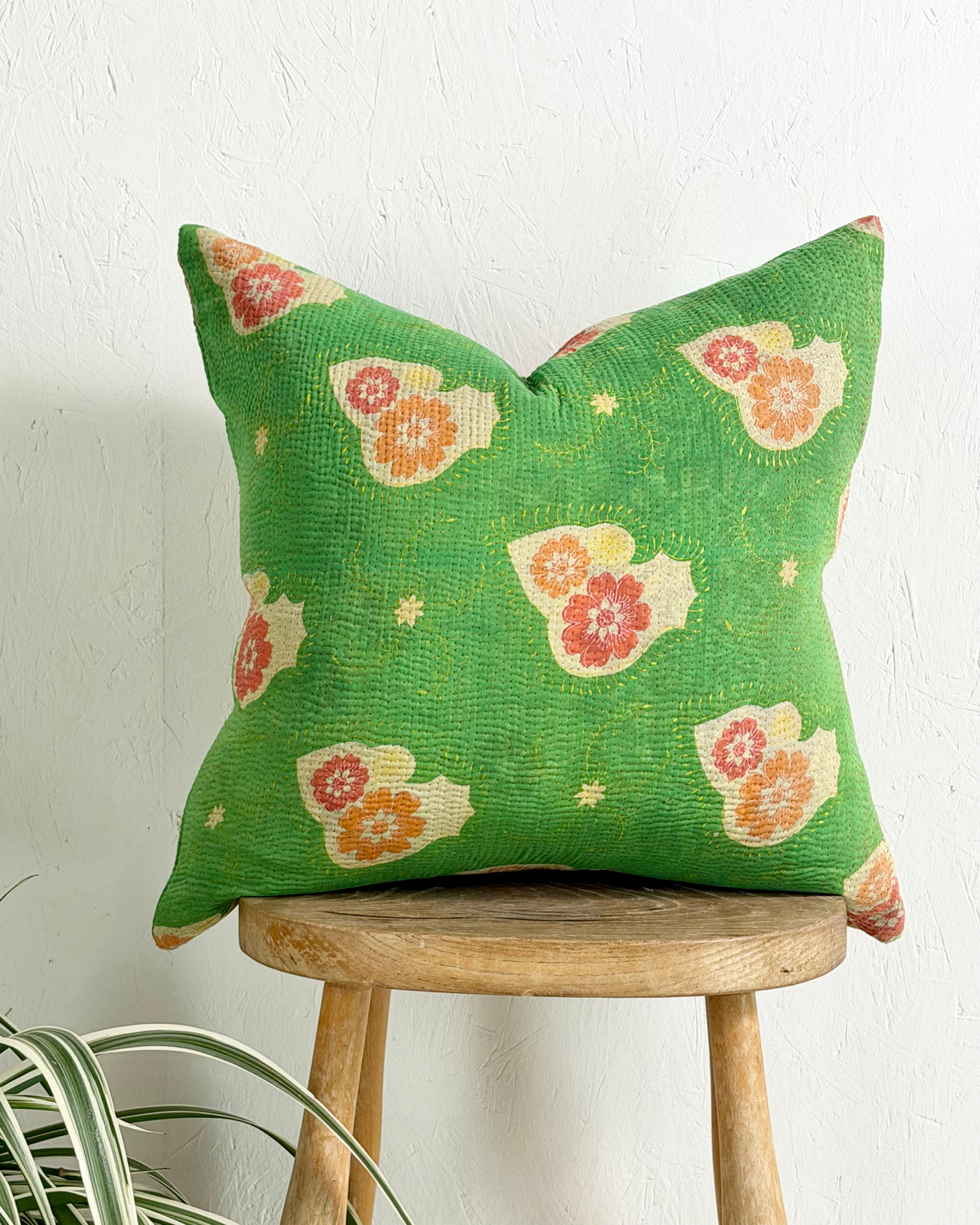 Handmade Vintage Kantha Cushion Cover In Green Floral - 45cm (18") Square