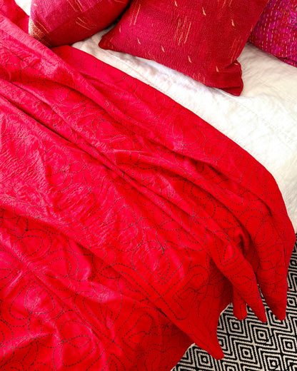 Embroidered Handmade Revival Nakshi Kantha Bedcover In Red - Biggs & Hill