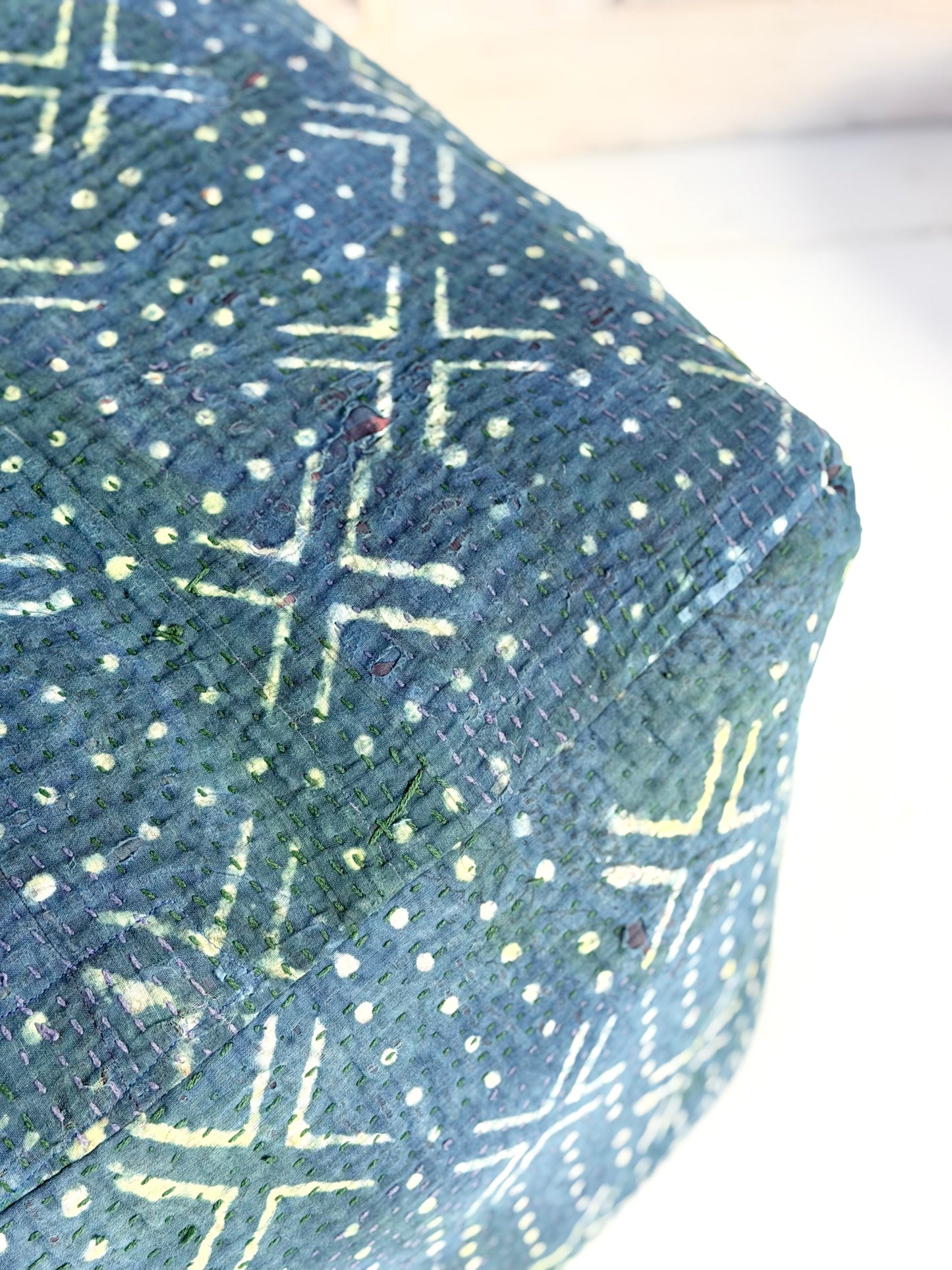 Cube Kantha Pouf Cushion Cover With Indigo Block Print