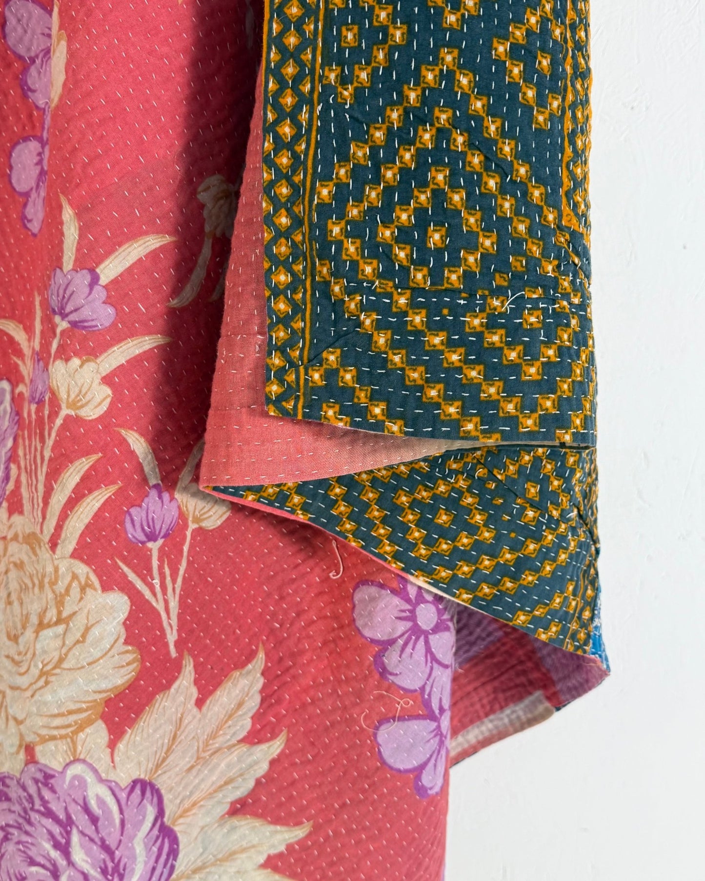 Extra Large Fine Stitched Vintage Kantha Quilt in Pink Floral, Yellow and Blue - Biggs & Hill