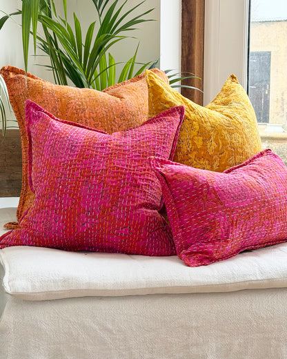 Pink Floral Block Printed Hand Stitched Square Kantha Cushion
