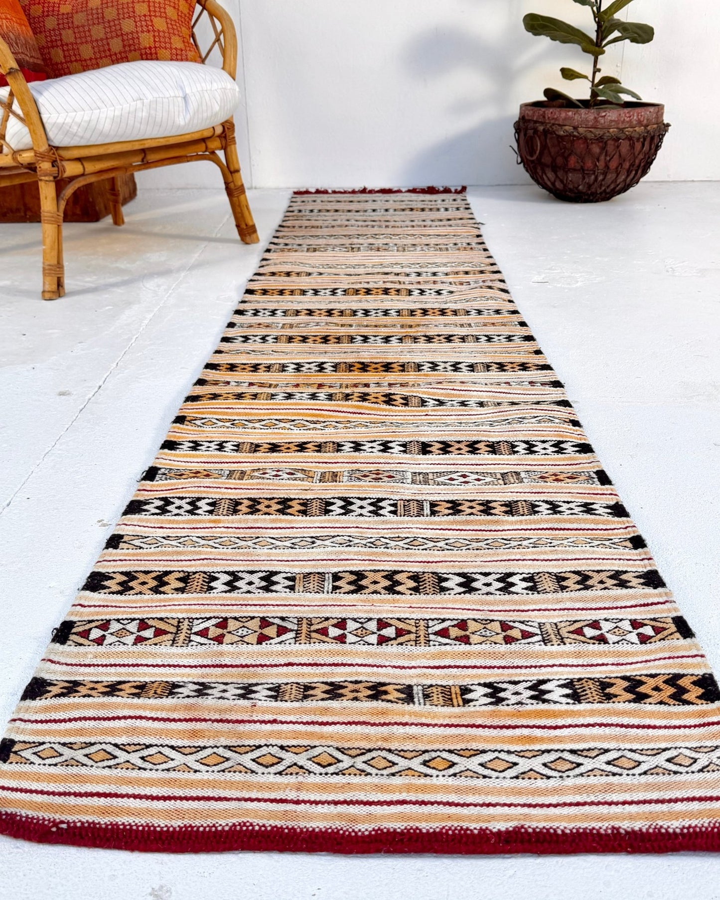 White and Yellow Vintage Turkish Cotton Kilim Runner - Biggs & Hill