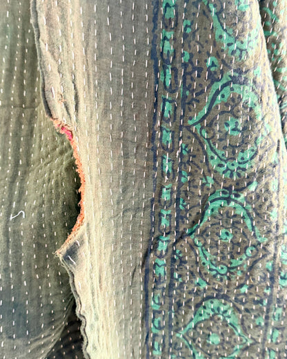 Project Kantha Quilt: Green and Orange with Ajrakh Print