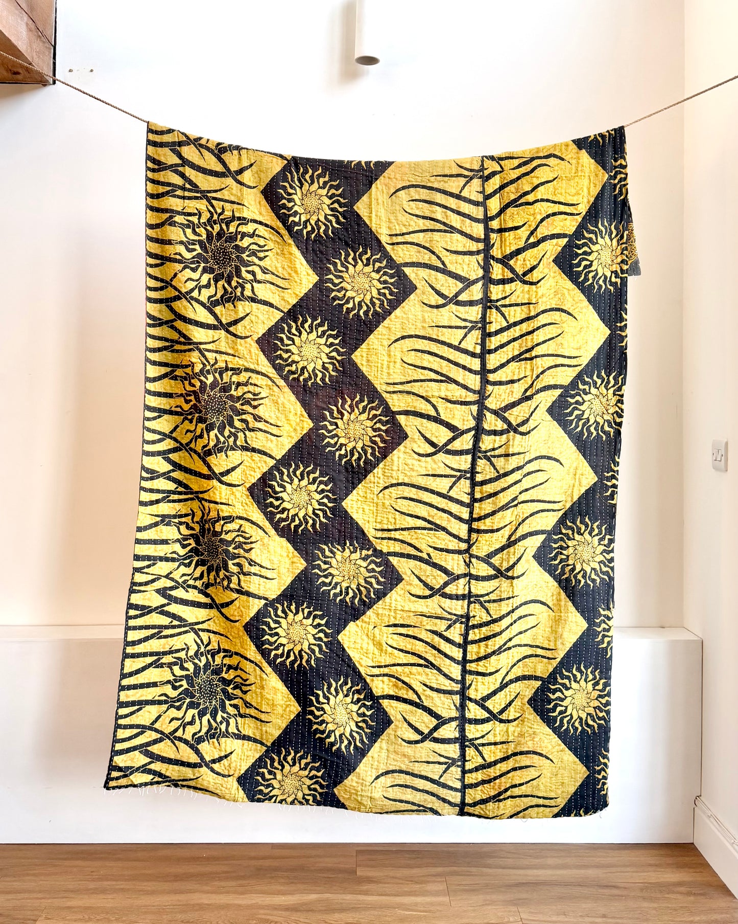 Vintage Cotton Kantha Quilt In Green And Yellow #38