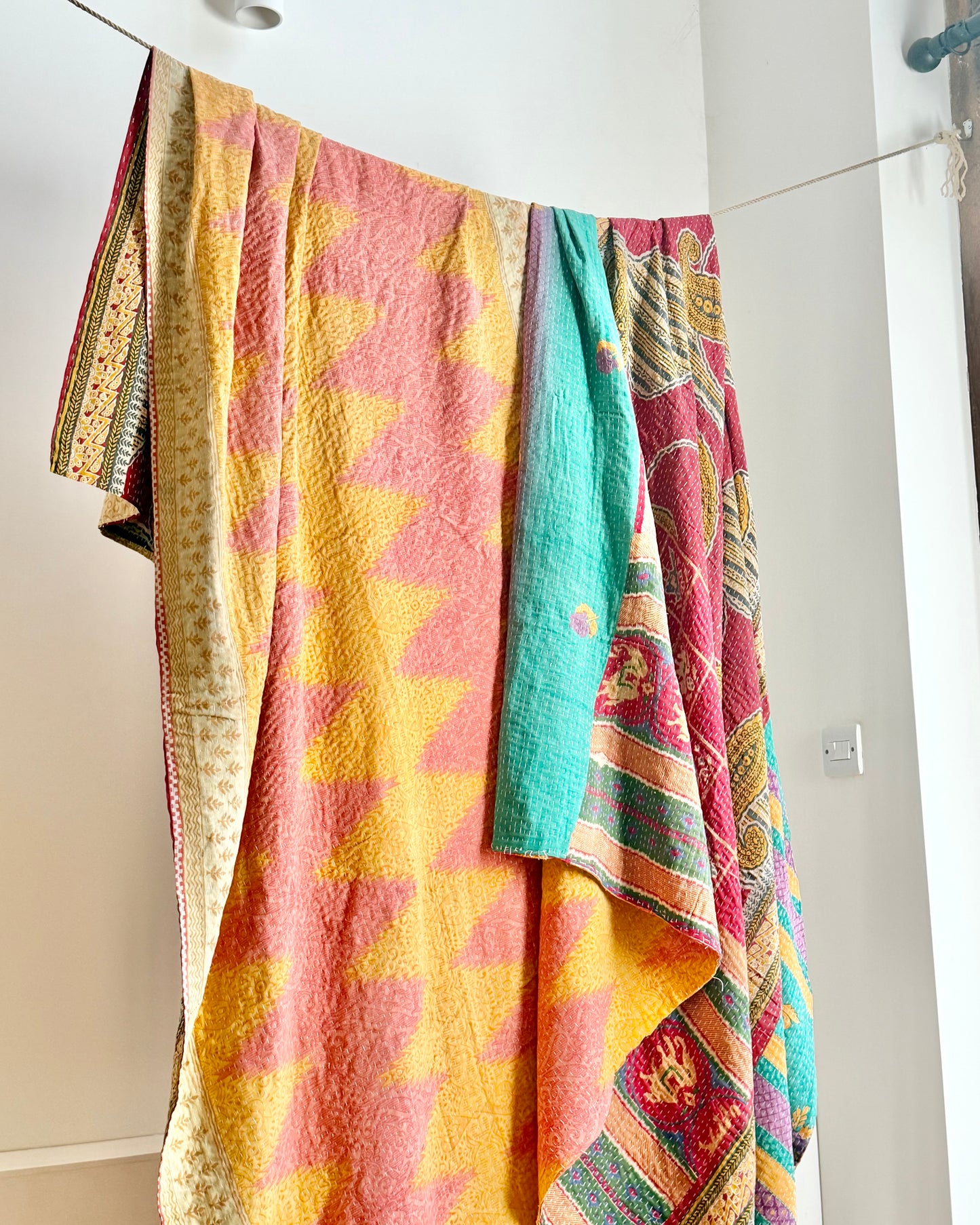Super King Vintage Kantha Quilt in Yellow and Pink