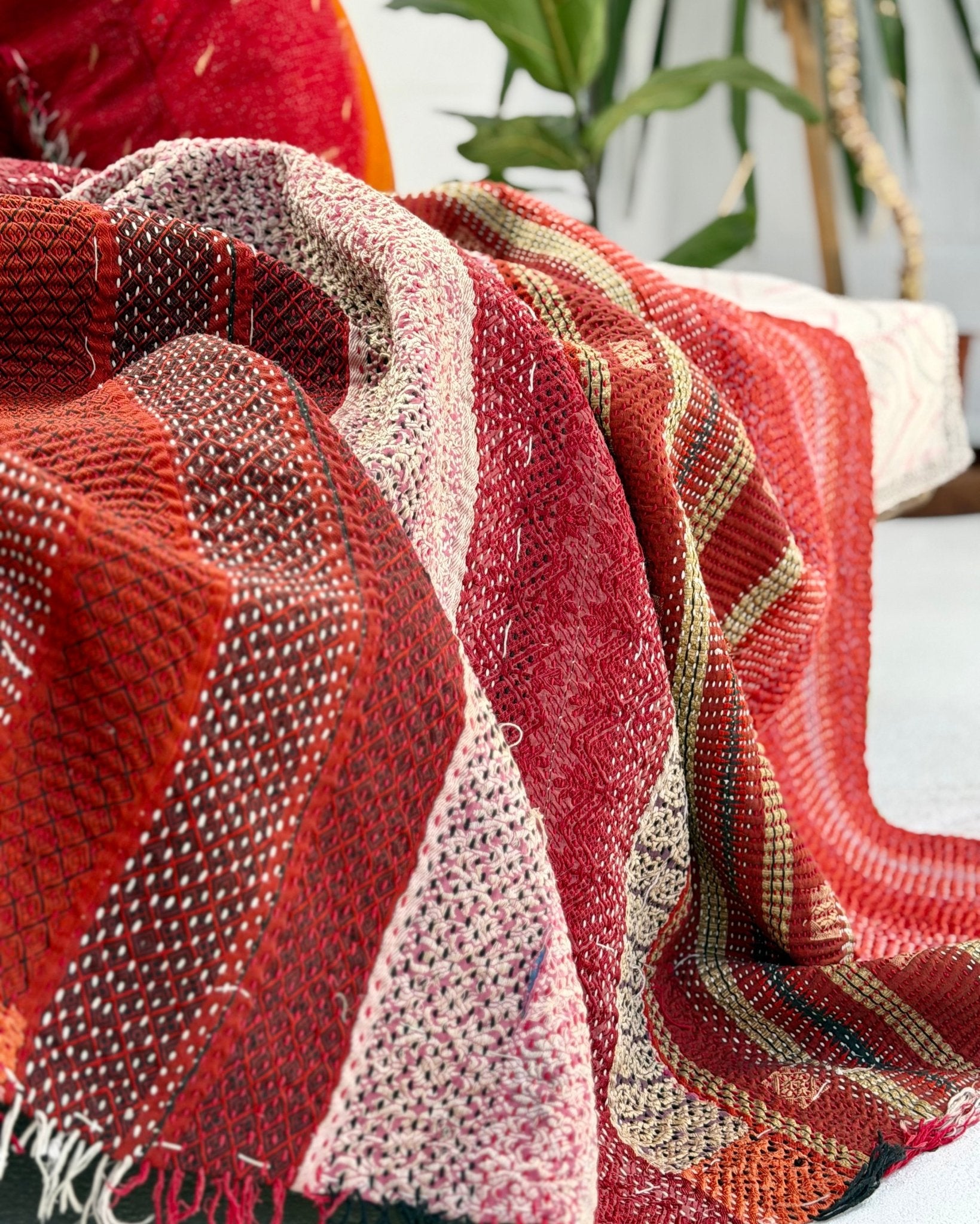 Heavy Kantha Blanket Quilt With Red Stripes And Green Back - Biggs & Hill