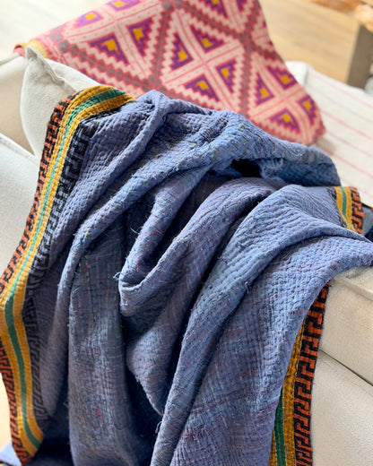 Indigo Print Kantha Quilt With Border