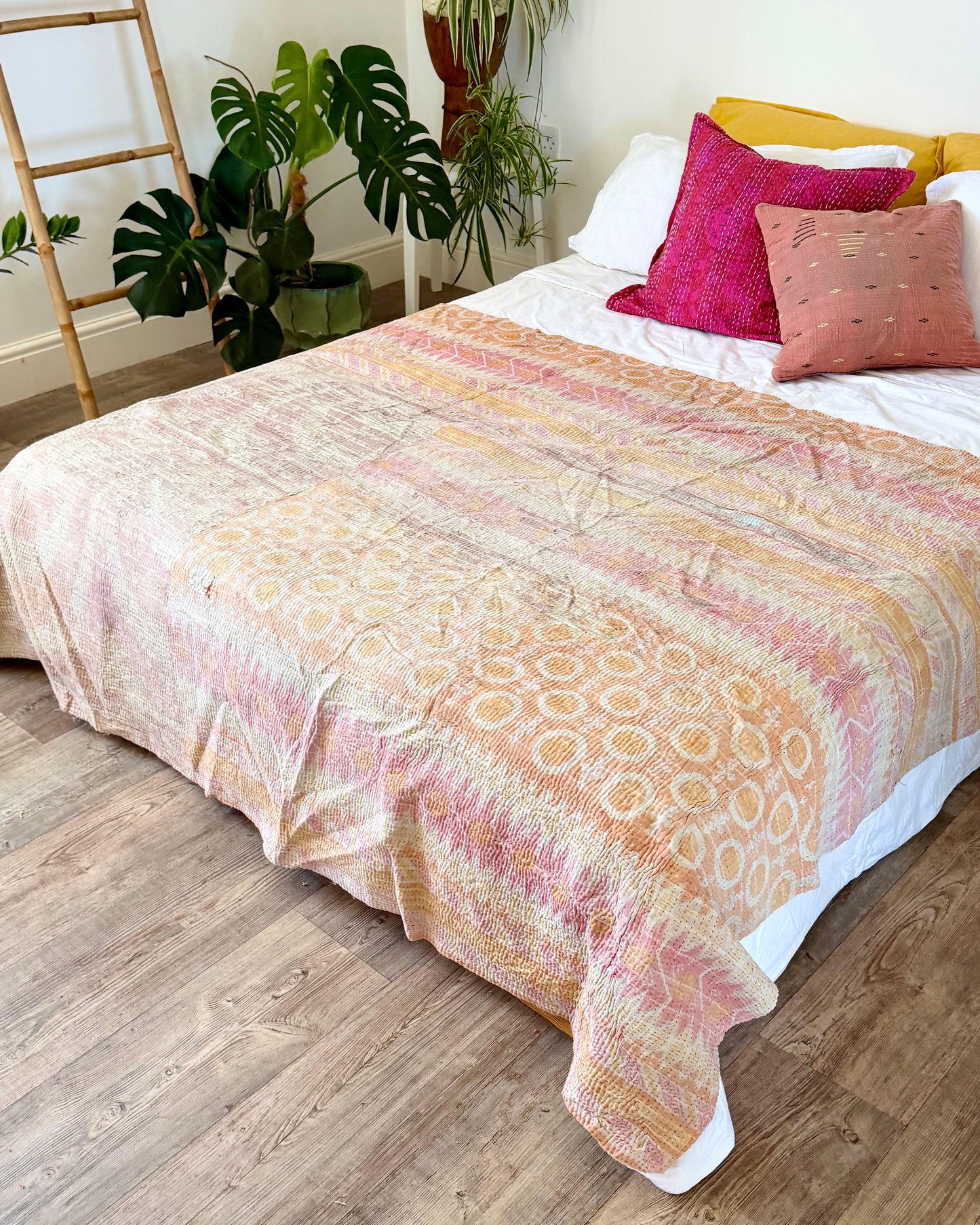 Textured Vintage Kantha Quilt In Pink and Yellow