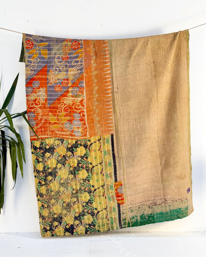 Large Textured Vintage Kantha Quilt In Green and Orange