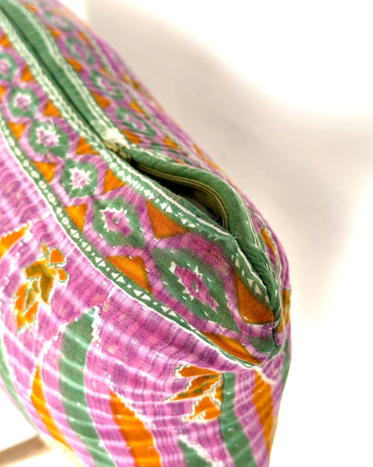 Vintage Kantha Bolster Cushion Cover In Green and Purple 30 x 100cm