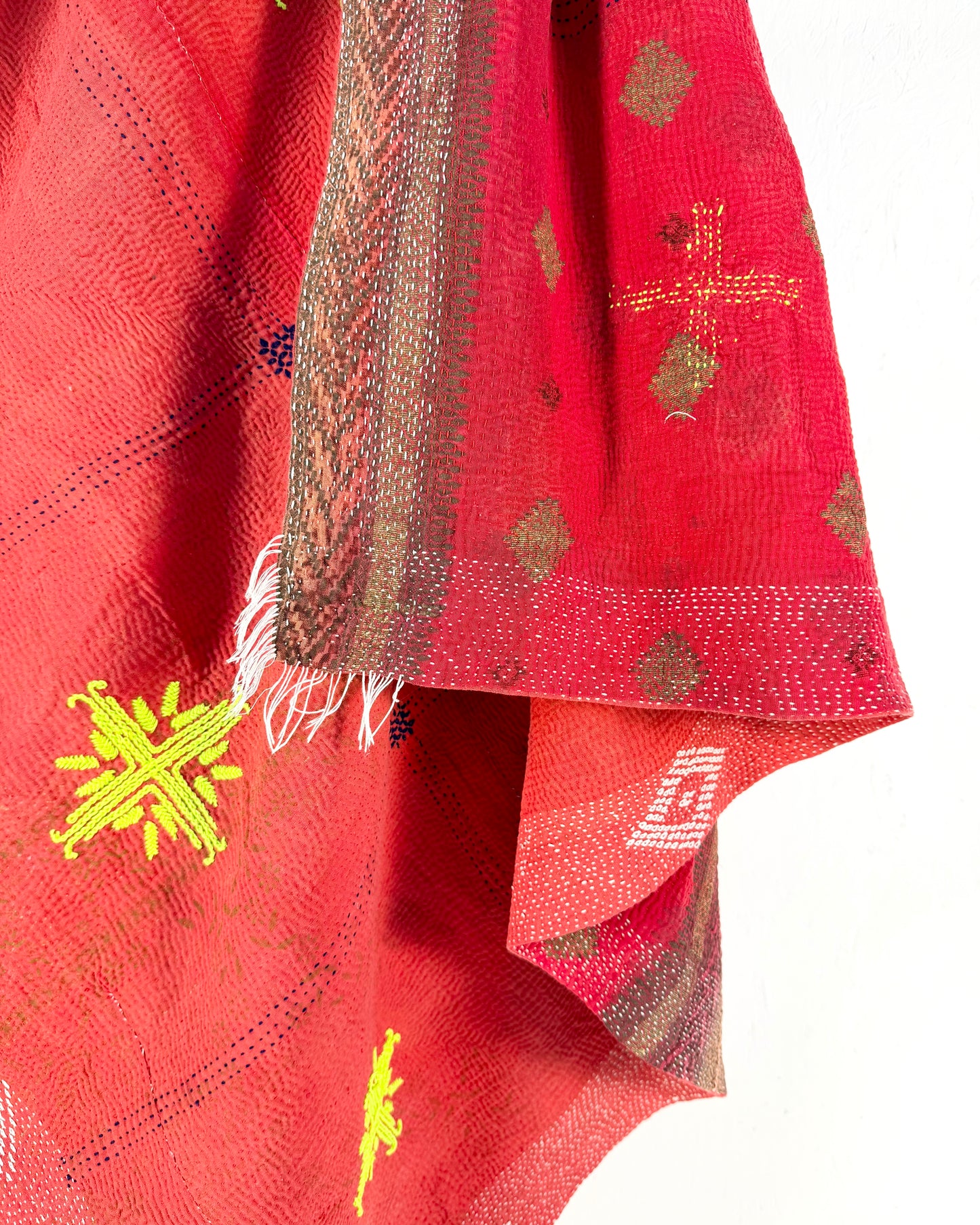Large Embroidered Vintage Kantha Quilt in Red with Neon Embroidery