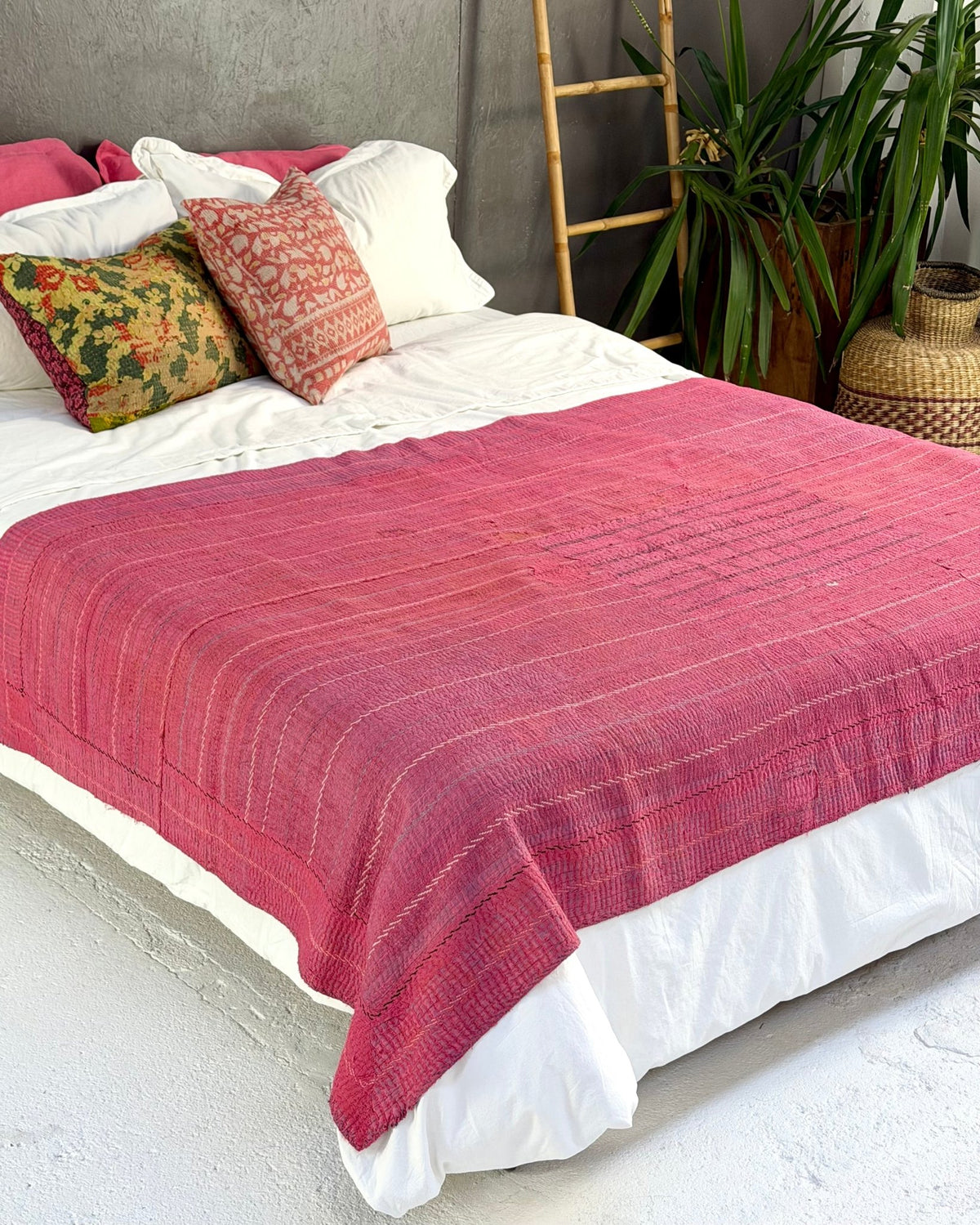 Embroidered Vintage Kantha Quilt in Pink - Biggs & Hill