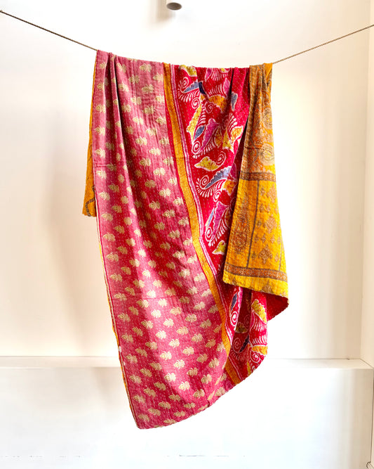 Vintage Cotton Kantha Quilt In Yellow and Red #43