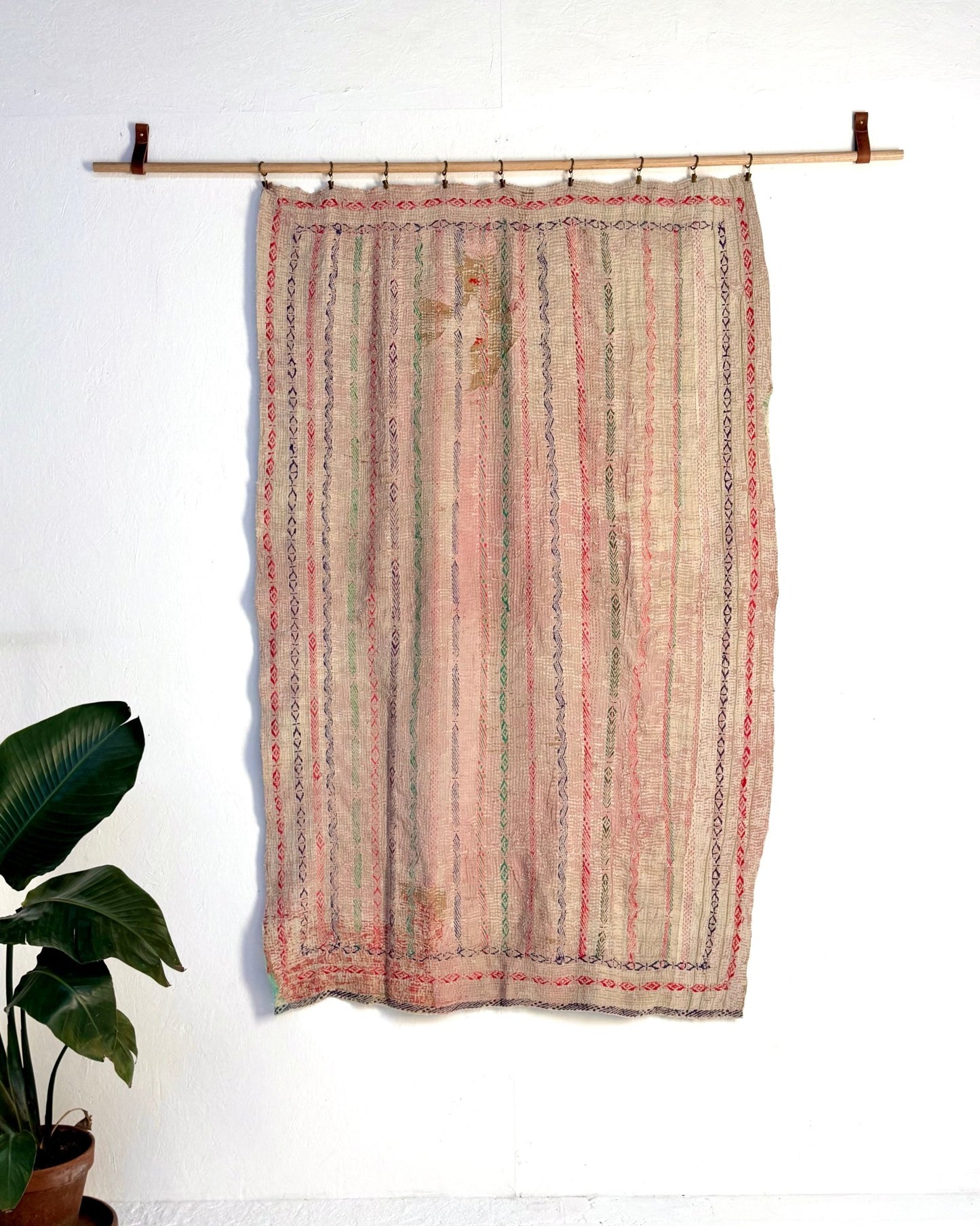 Embroidered and Textured Vintage Kantha Quilt In Green and Light Pink - Biggs & Hill
