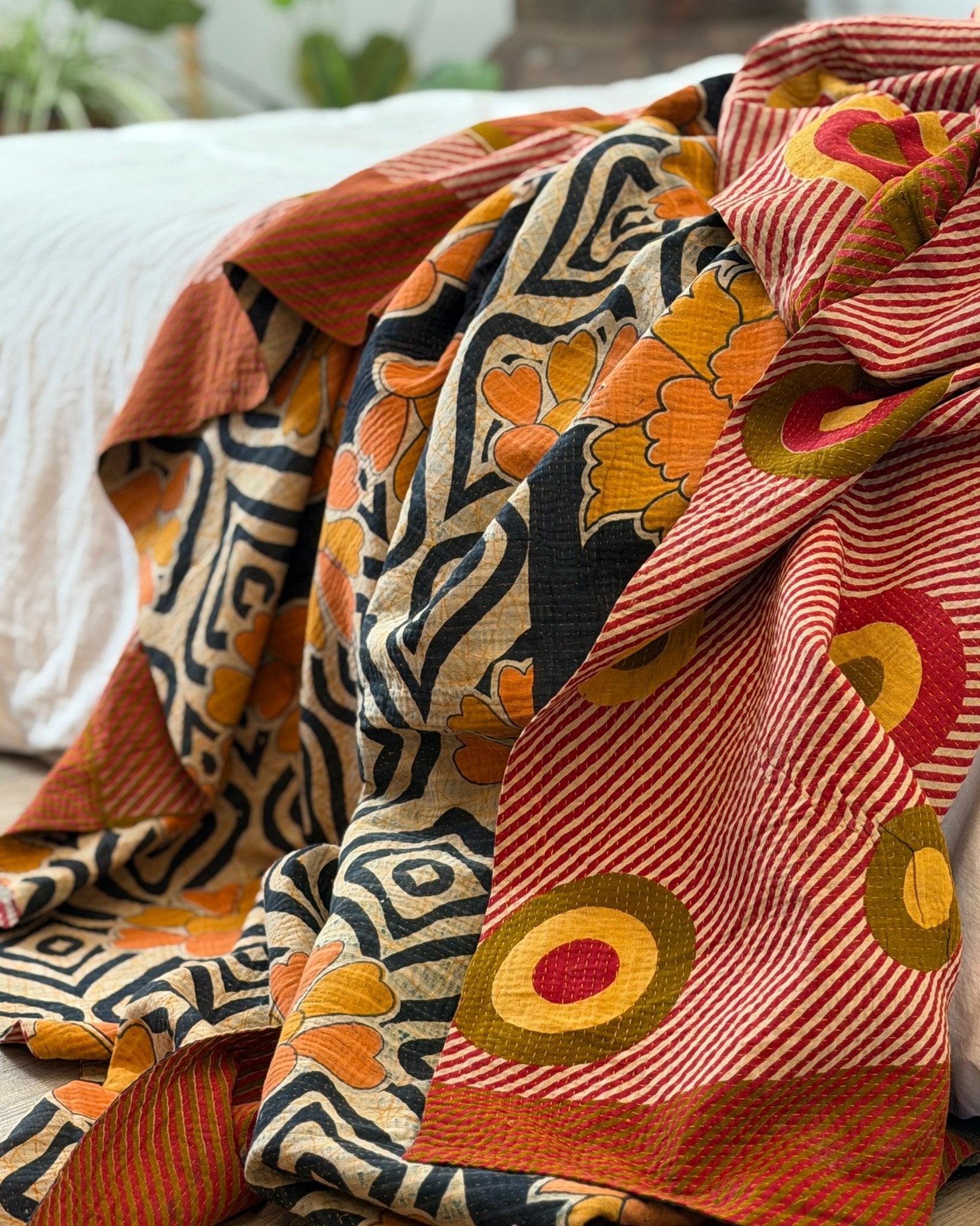 Extra Large Fine Stitched Vintage Kantha Quilt With Pink Dots and Navy Blue Patterns - Biggs & Hill
