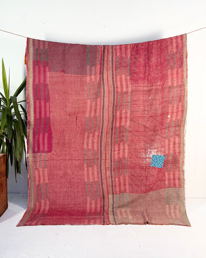 Extra Large Large Fine Stitched Vintage Kantha Quilt in Pink and Yellow