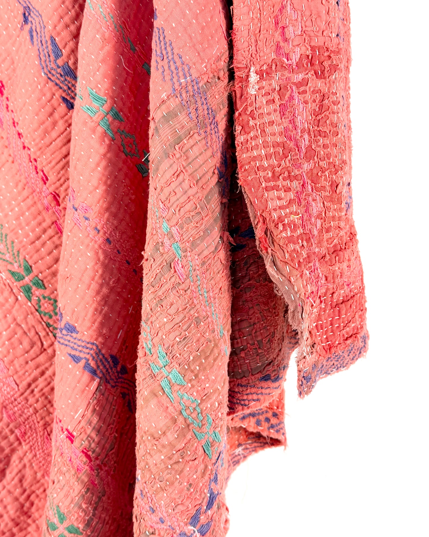 Textured and Embroidered Vintage Kantha Quilt In Deep Pink