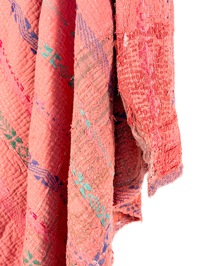 Textured and Embroidered Vintage Kantha Quilt In Deep Pink