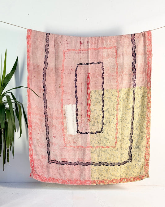 Project Kantha Quilt: Pink and White With Authentic Aged Texture - Biggs & Hill